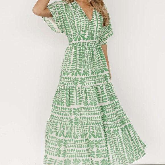 Baltic Born Austin Smocked Kimono Green Print Maxi Dress Women's size L - Picture 1 of 8